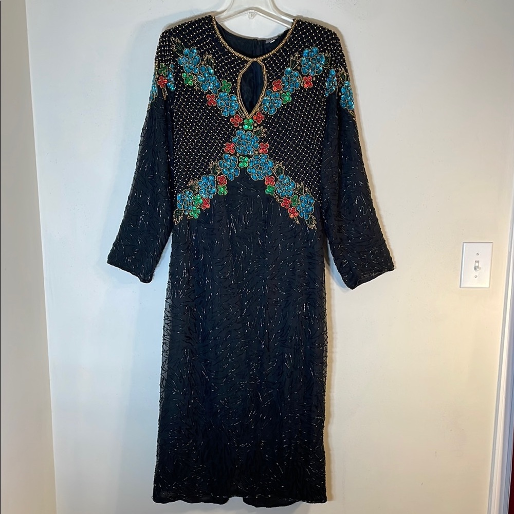 NWT. Exotic Creations Hand Beaded Pure Silk Long Sleeve Floral Dress. 16.